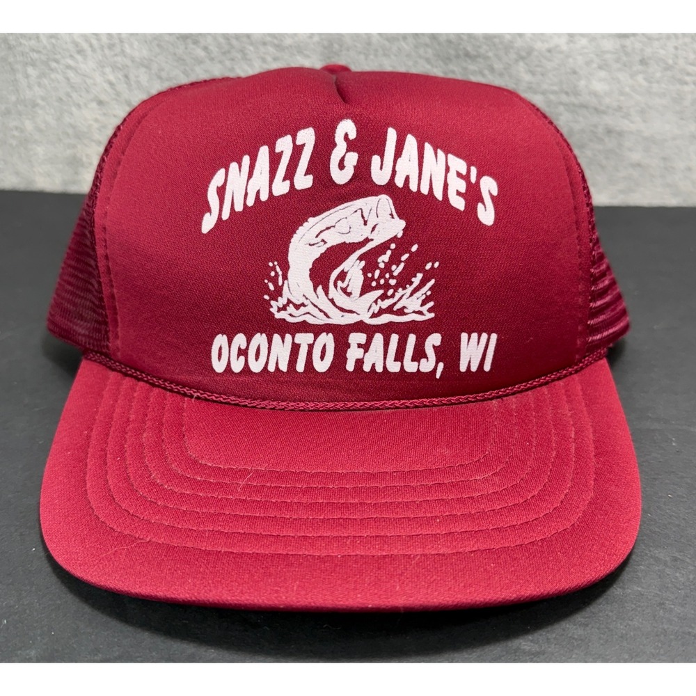 KC Trucker Hat Mens OSFA Maroon Snazz & Jane's Oconto Falls WI Fishing Mesh Cap